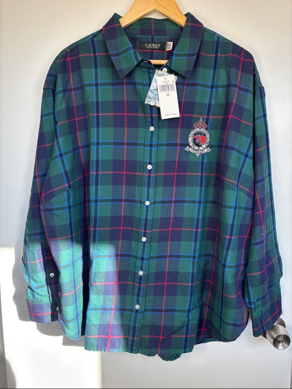 Lauren Ralph Lauren Green & Navy Plaid Button-Down Shirt with Crest Patch